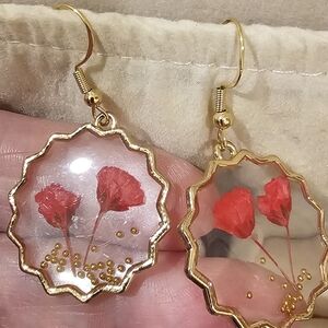 Gold and Red Floral Drop Earrings
